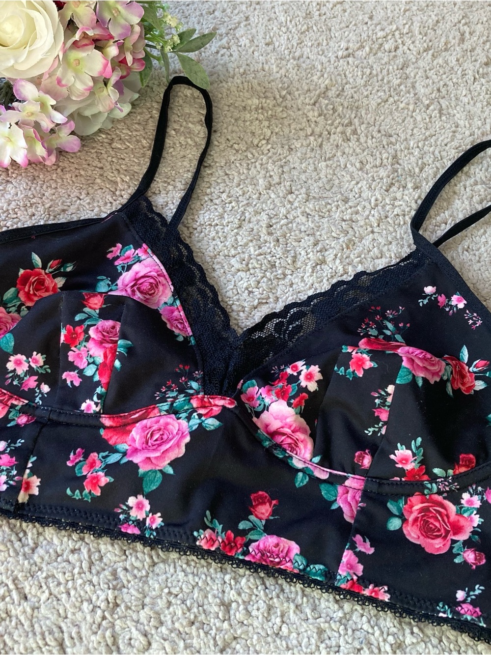 Floral Lace Trim Black Bralette with Pink Rose Print